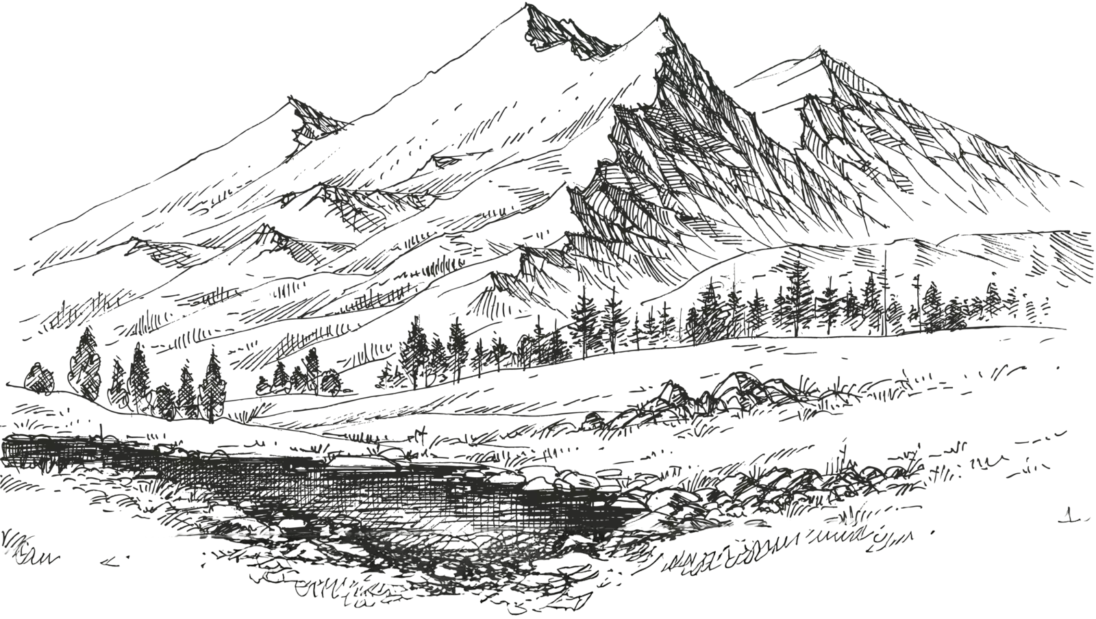 sketch of mountains and river