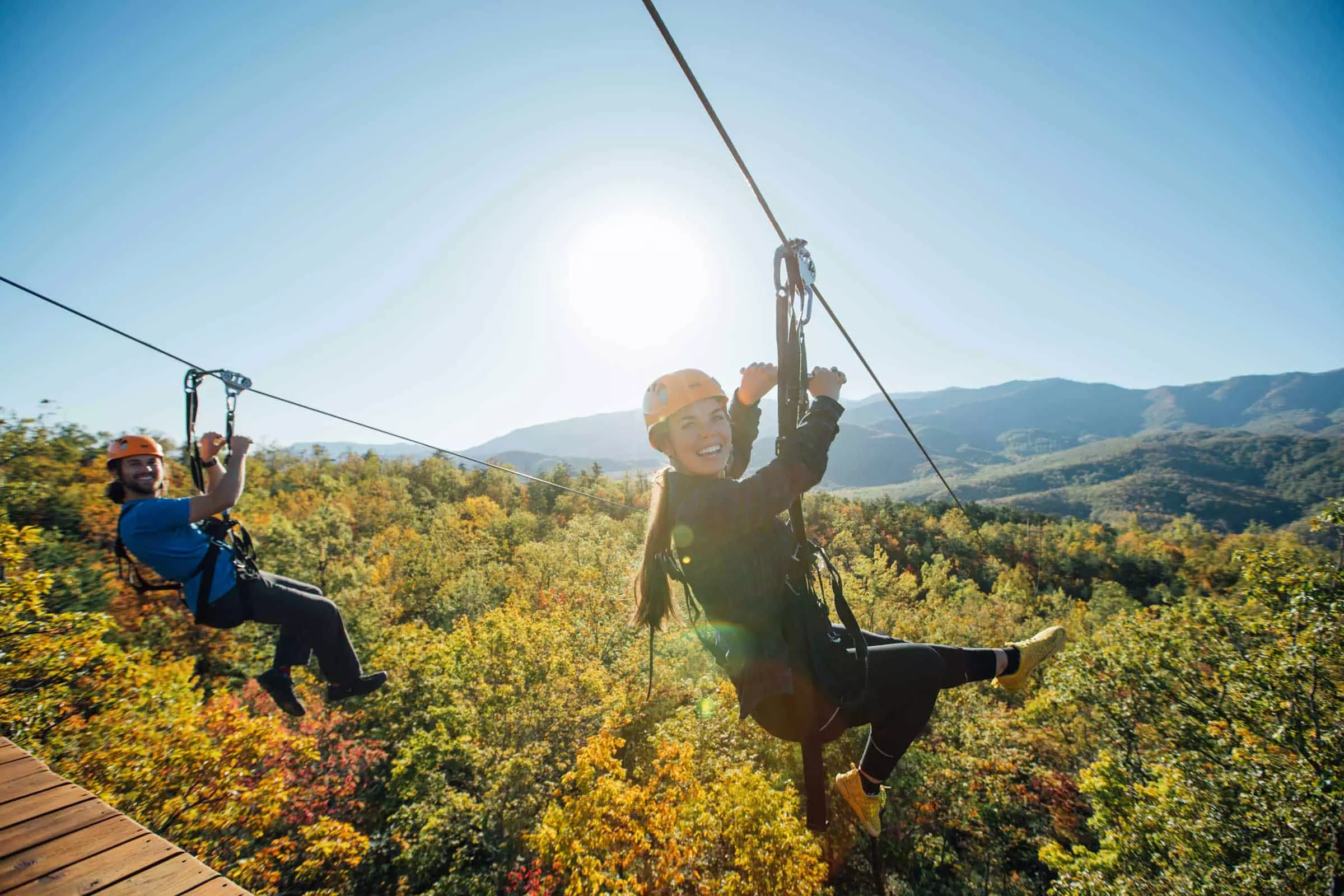 couple ziplining