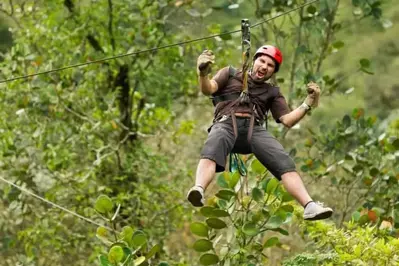 A man ziplining in the forest.