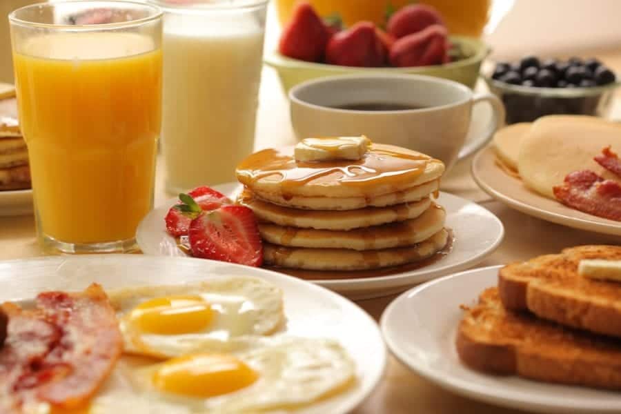 Breakfast dishes on a table.