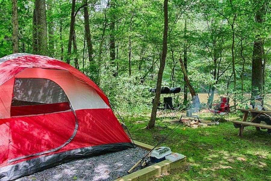 A tent campsite at Pigeon River Campground in the Smoky Mountains.
