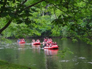 Rafts floating down the Pigeon River.