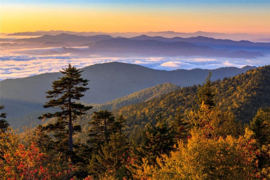 smoky mountains in the fall at sunset