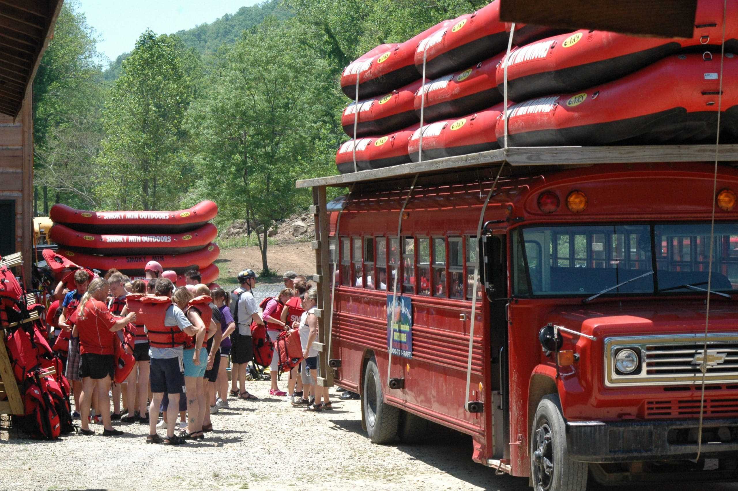 bus with rafts on it