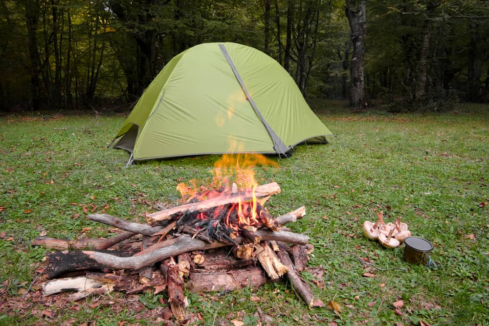 tent in the woods with fire