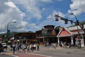 people walking along the strip in downtown Gatlinburg