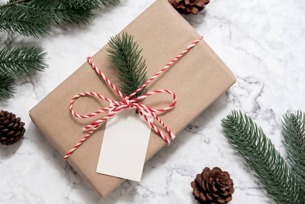 Christmas present wrapped in red and white ribbon