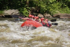 raft going through a rapid on the Pigeon River