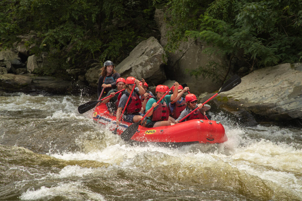White water rafting down river