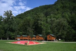 jumping pillow and cabins at Pigeon River Campground