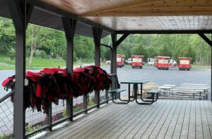 life jackets and buses at Smoky Mountain Outdoors rafting outpost